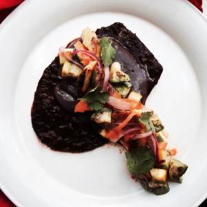 Nopal steak marinated in 3 chillies.